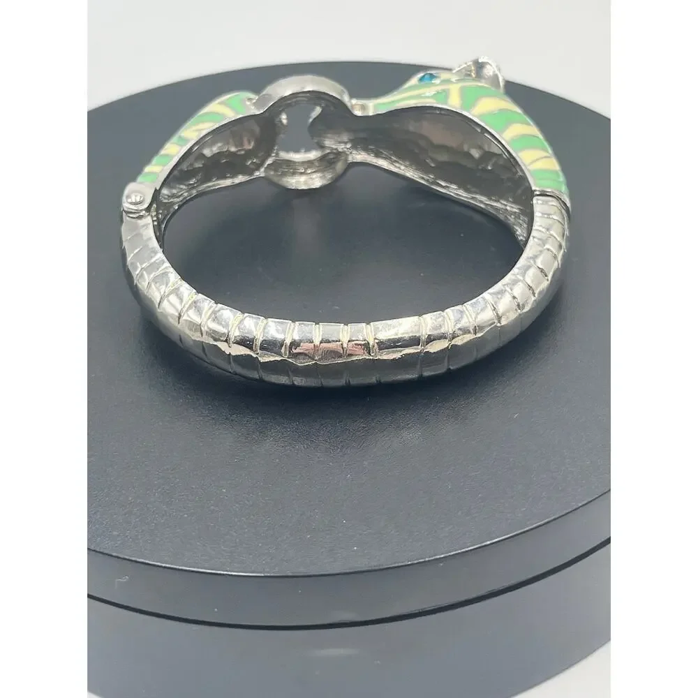 Mint and Cream Zebra with‎ Stripes Hinged Rhinestone Blue Eyes Bangle Bracelet